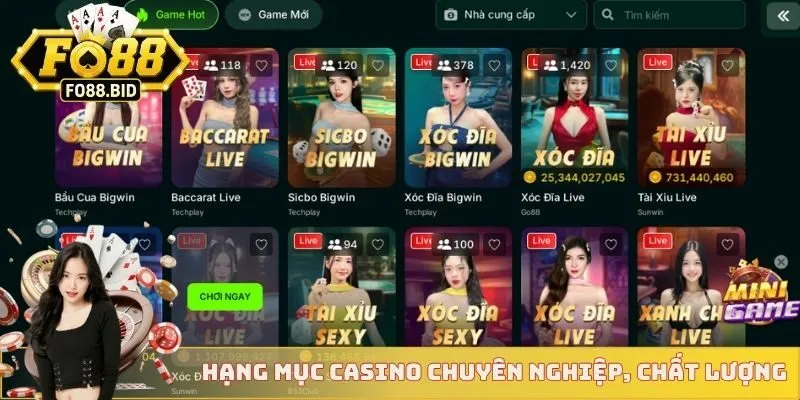 FO88 - Sảnh Game FO88 – Slot, Bắn Cá, Game Bài Siêu Cuốn 11 Hạng mục casino chuyên nghiệp, chất lượng